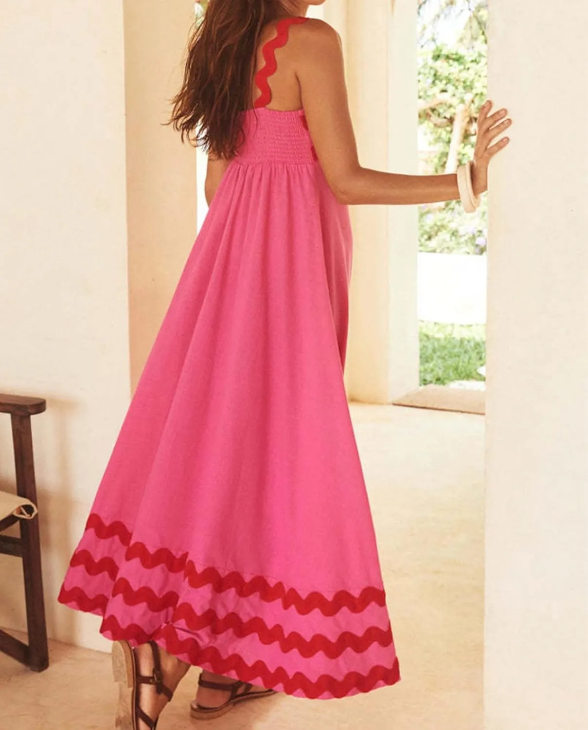 Women's Retro Plaid Maxi Dress 2025 Thick Shoulder Straps Back Cutout Smocked Flounce Hem Summer Beach Long Dress