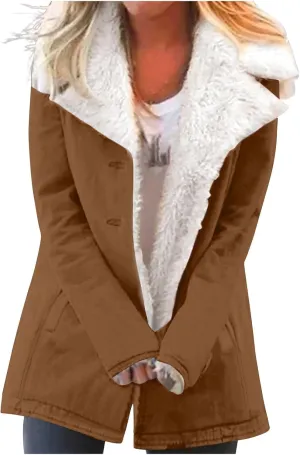 Womens Sherpa Lined Jacket Long Sleeve Button Down Fleece Fur Collar Coats Winter Warm Outerwear With Pockets