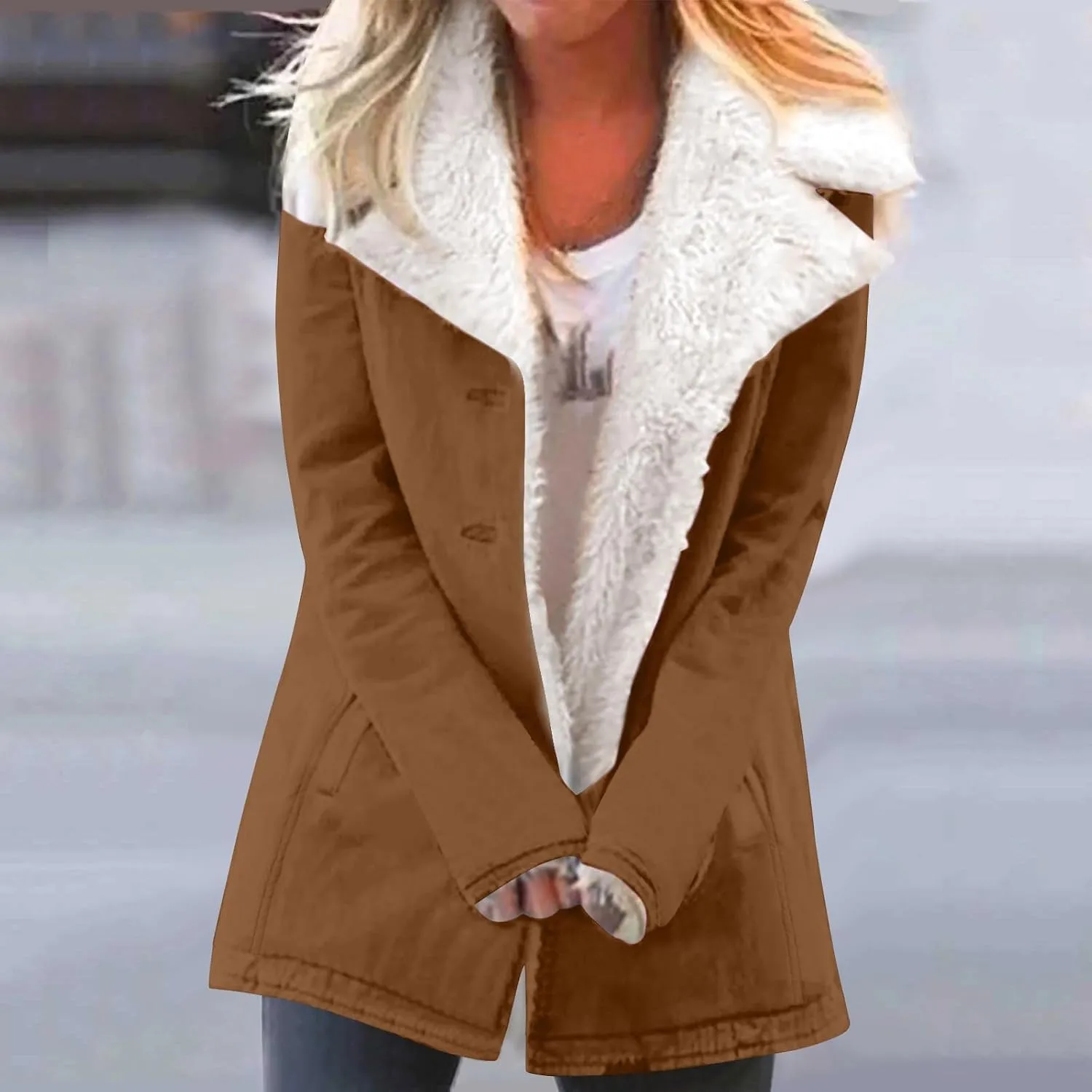Womens Sherpa Lined Jacket Long Sleeve Button Down Fleece Fur Collar Coats Winter Warm Outerwear With Pockets