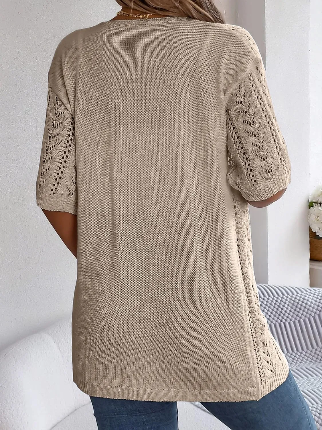 Women's Short Sleeve Long Cardigans Summer Open Front Hollow Out Lightweight Going Out Sweater Tops