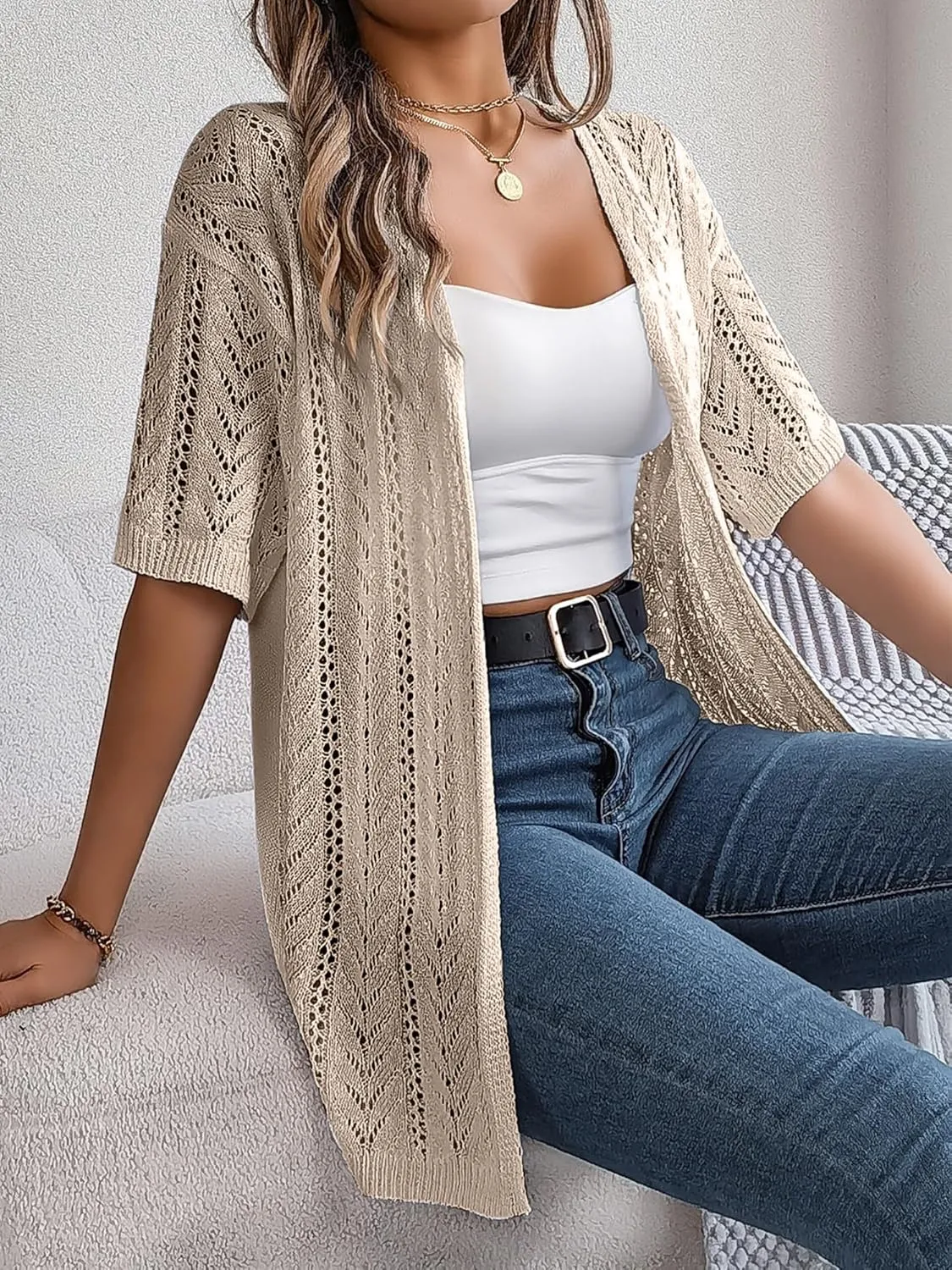 Women's Short Sleeve Long Cardigans Summer Open Front Hollow Out Lightweight Going Out Sweater Tops