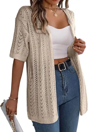 Women's Short Sleeve Long Cardigans Summer Open Front Hollow Out Lightweight Going Out Sweater Tops