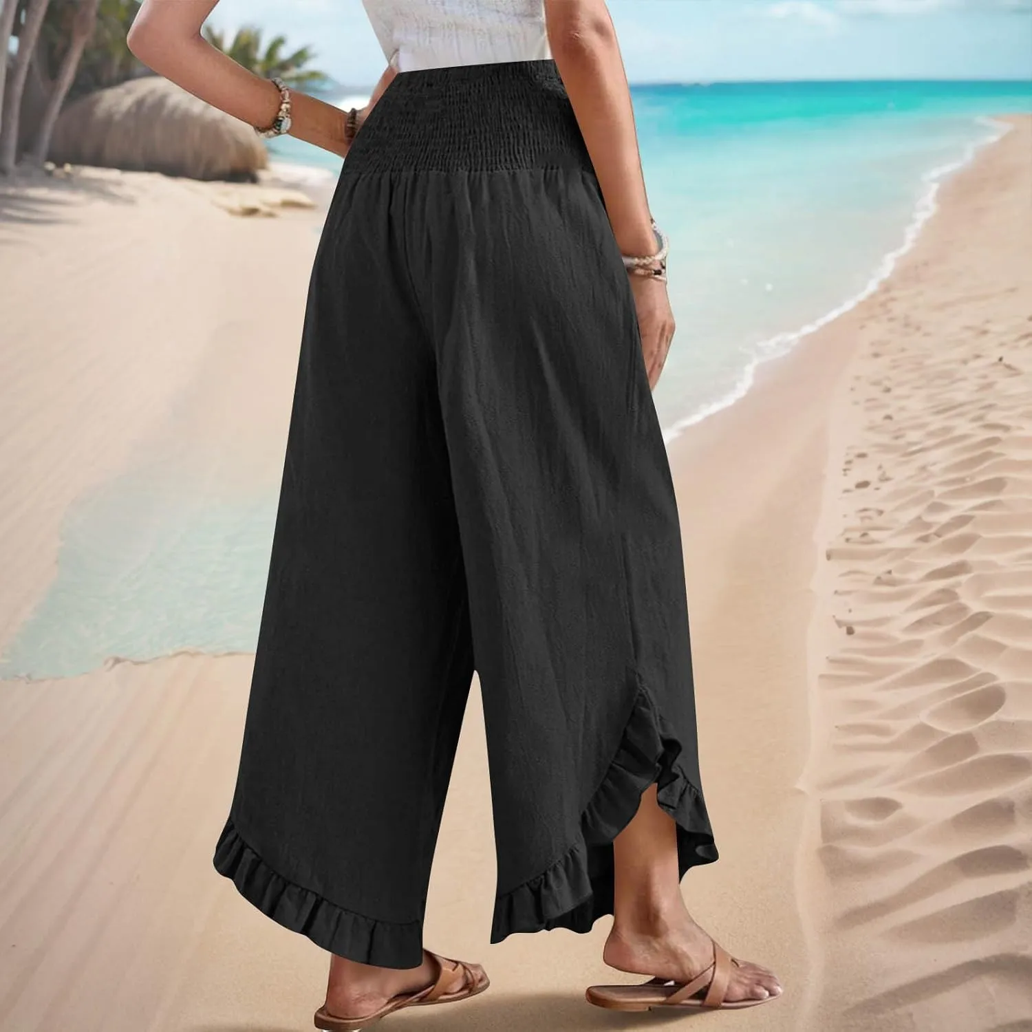 Womens Smocked Waist Ruffle Hem Palazzo Pants Boho Wide Leg Cotton Linen Trouser 2025 Fashion Casual Comfy Flowy Pants