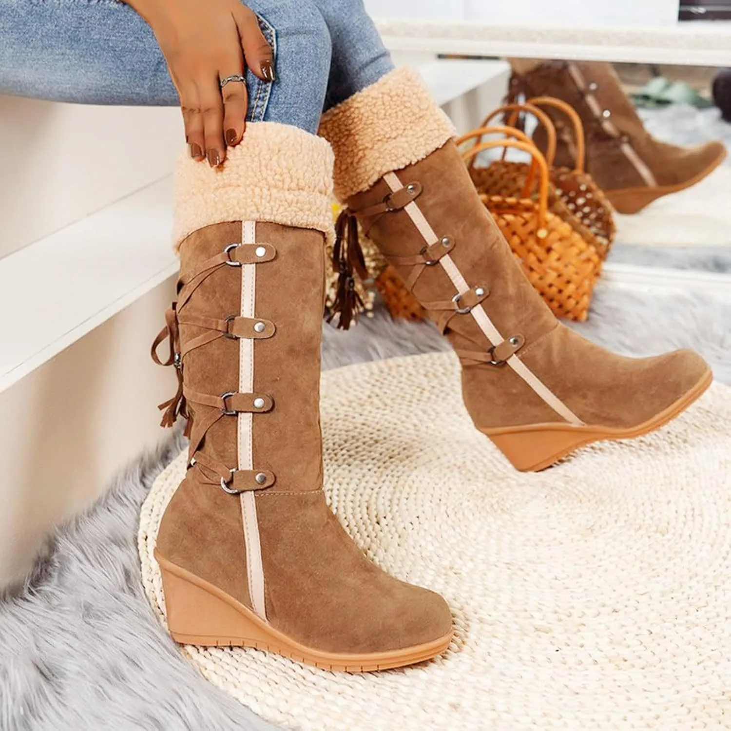 Women's Snow Boots, Mid Calf Warm Insulated Faux Fur Lined Waterproof Lace Up Snow Boots Winter Fuzzy Snow Boots Short Ankle Boot with Fur Lined