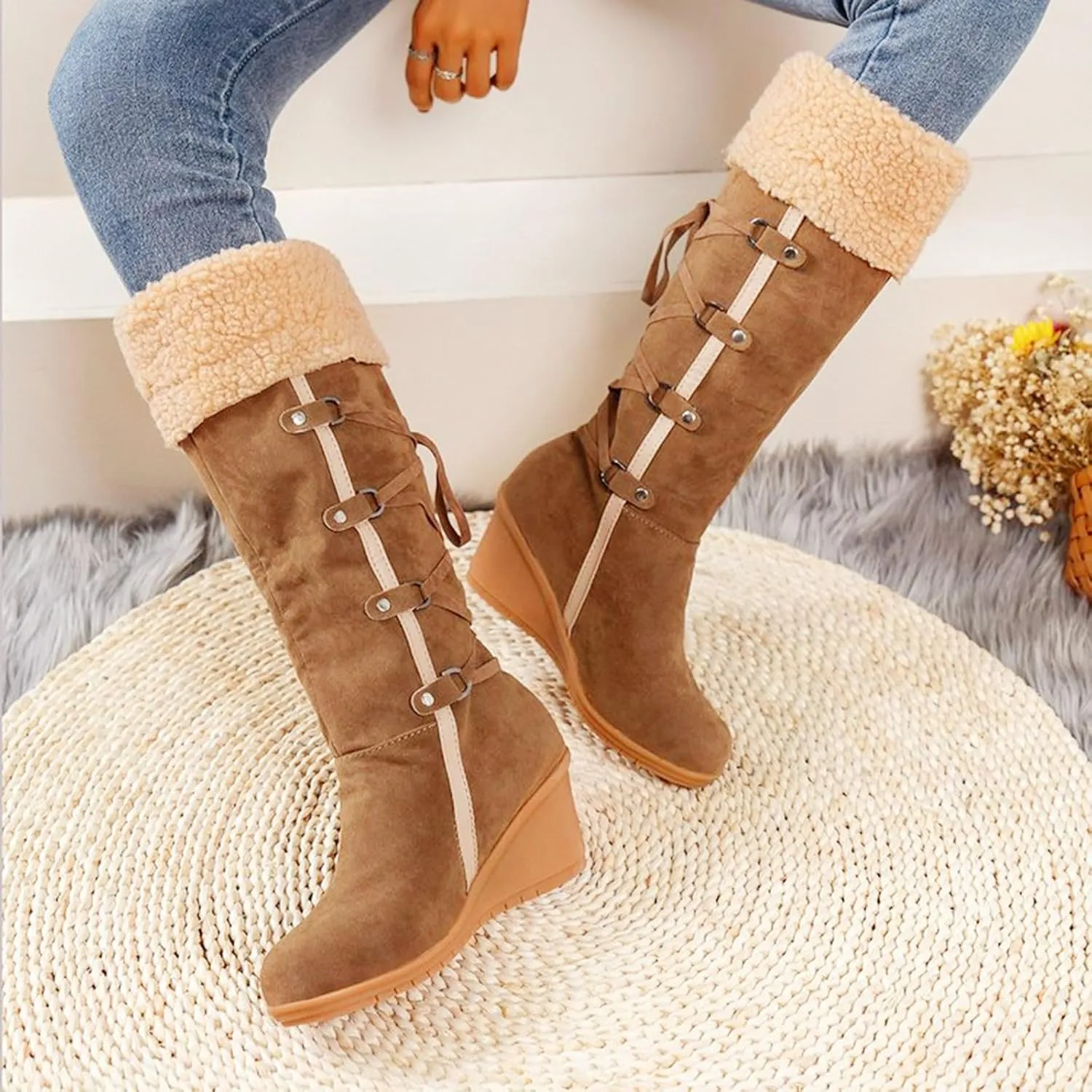 Women's Snow Boots, Mid Calf Warm Insulated Faux Fur Lined Waterproof Lace Up Snow Boots Winter Fuzzy Snow Boots Short Ankle Boot with Fur Lined