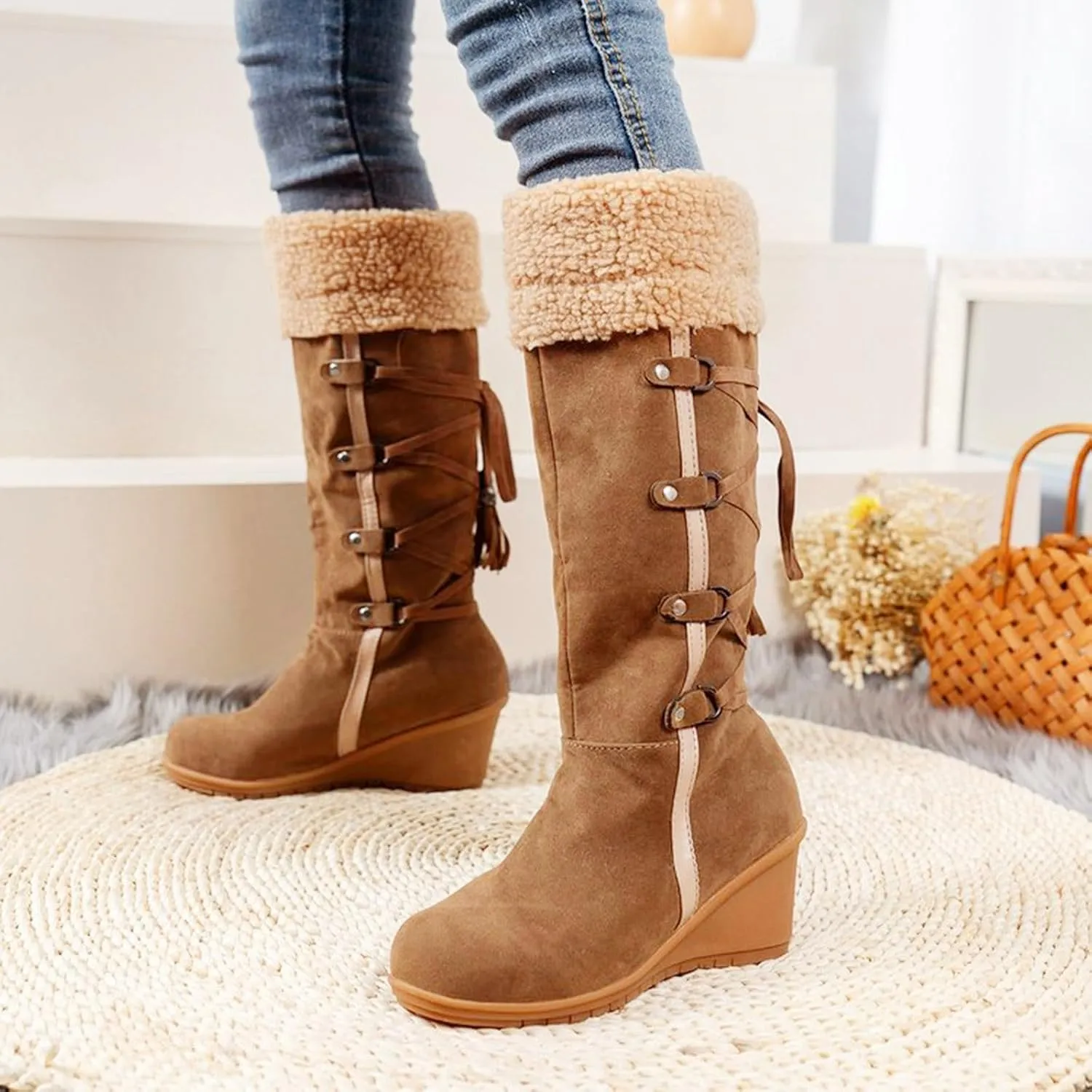 Women's Snow Boots, Mid Calf Warm Insulated Faux Fur Lined Waterproof Lace Up Snow Boots Winter Fuzzy Snow Boots Short Ankle Boot with Fur Lined