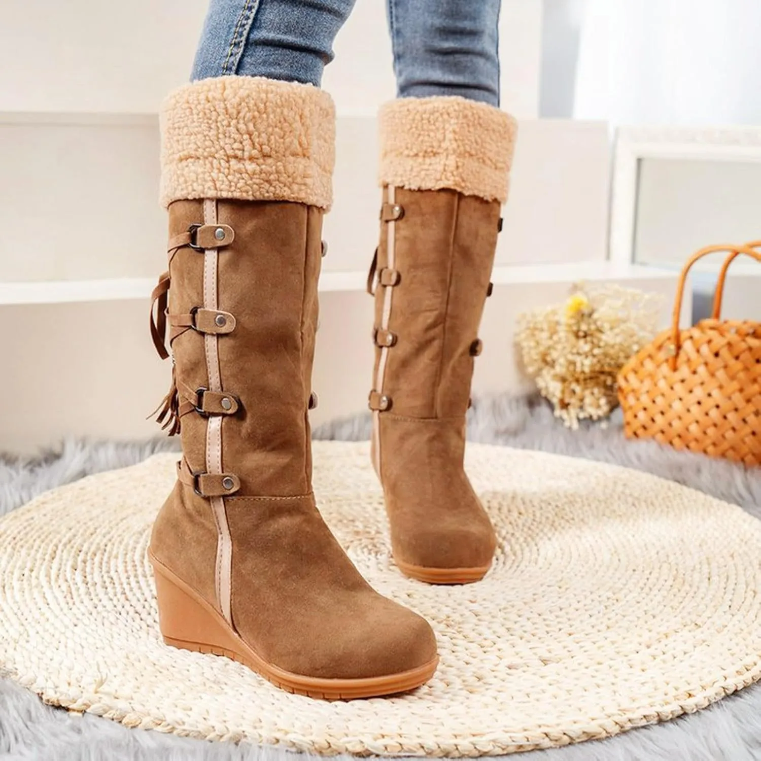 Women's Snow Boots, Mid Calf Warm Insulated Faux Fur Lined Waterproof Lace Up Snow Boots Winter Fuzzy Snow Boots Short Ankle Boot with Fur Lined