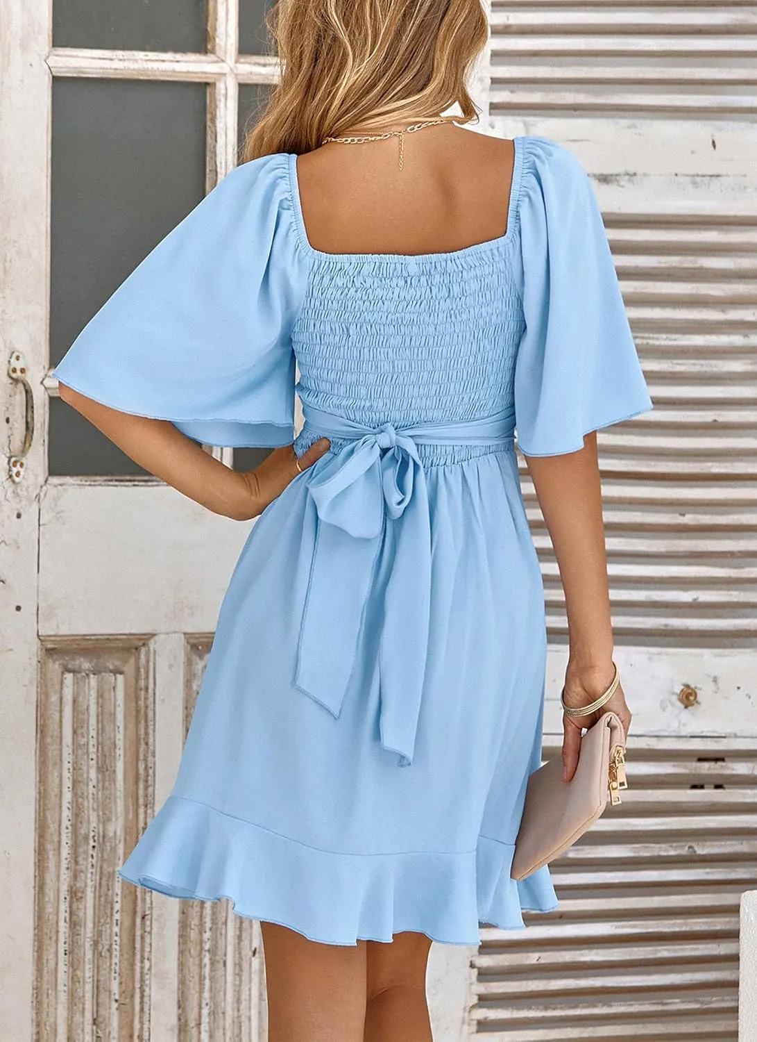 Women's Solid Color Short Flutter Sleeve V-Neck Wrap Style Mini Dress with Ruffled Hem 2025 Summer Fashion Clothes