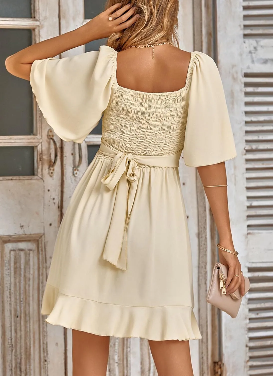Women's Solid Color Short Flutter Sleeve V-Neck Wrap Style Mini Dress with Ruffled Hem 2025 Summer Fashion Clothes