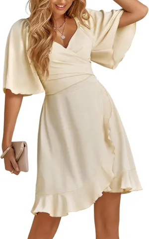 Women's Solid Color Short Flutter Sleeve V-Neck Wrap Style Mini Dress with Ruffled Hem 2025 Summer Fashion Clothes