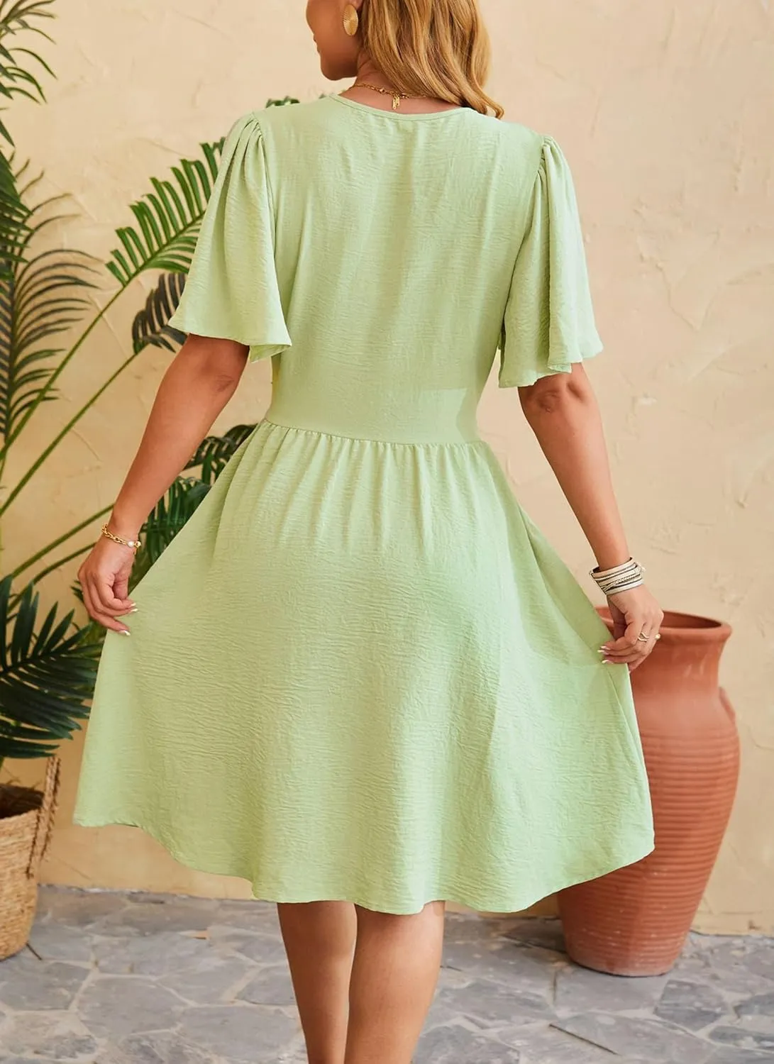 Women's Solid Short Sleeve V-Neck Ruched Waist Midi Dress Wrap Style Elegant Causal 2025 Summer Fashion Clothes