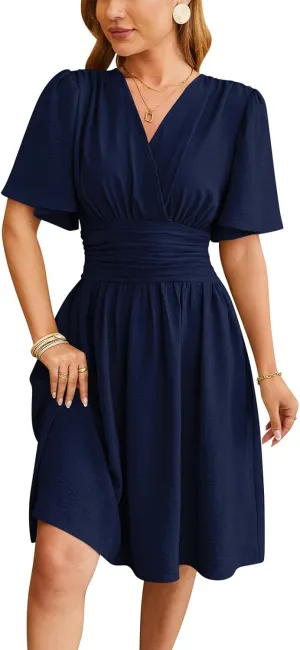 Women's Solid Short Sleeve V-Neck Ruched Waist Midi Dress Wrap Style Elegant Causal 2025 Summer Fashion Clothes