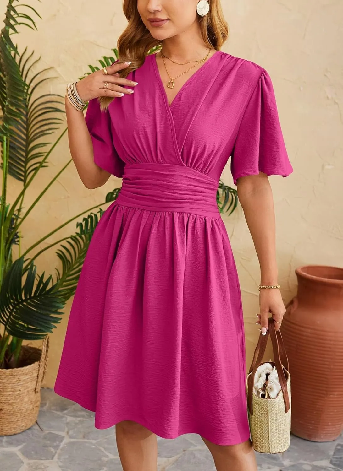 Women's Solid Short Sleeve V-Neck Ruched Waist Midi Dress Wrap Style Elegant Causal 2025 Summer Fashion Clothes