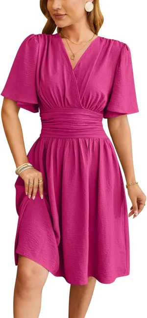 Women's Solid Short Sleeve V-Neck Ruched Waist Midi Dress Wrap Style Elegant Causal 2025 Summer Fashion Clothes