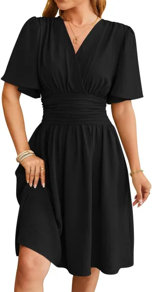 Women's Solid Short Sleeve V-Neck Ruched Waist Midi Dress Wrap Style Elegant Causal 2025 Summer Fashion Clothes