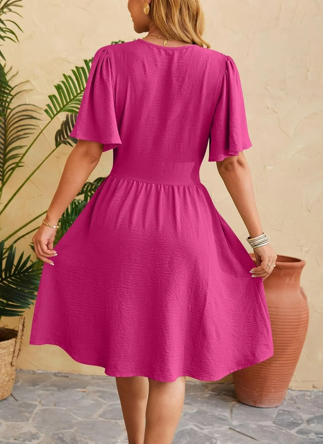 Women's Solid Short Sleeve V-Neck Ruched Waist Midi Dress Wrap Style Elegant Causal 2025 Summer Fashion Clothes