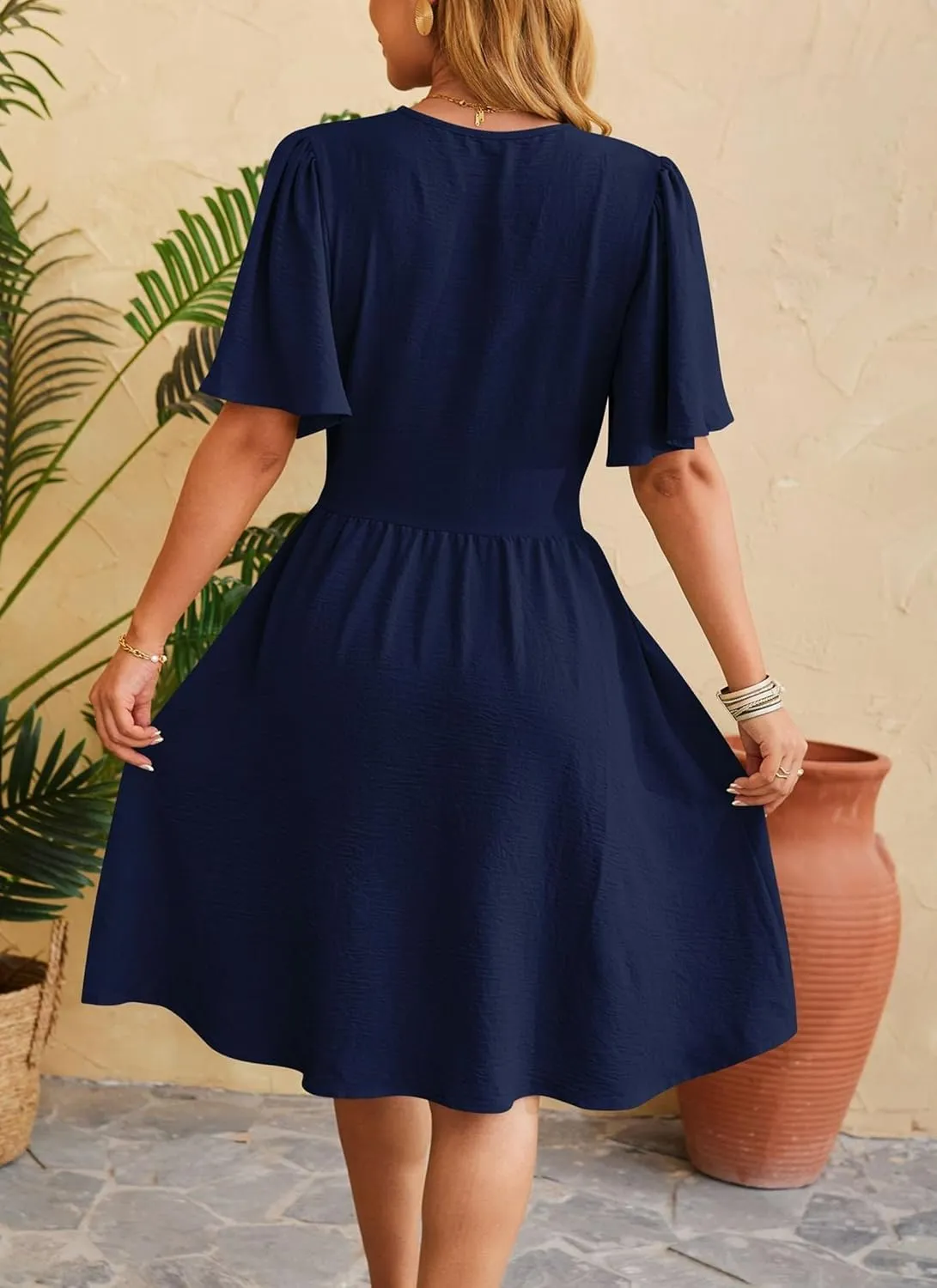Women's Solid Short Sleeve V-Neck Ruched Waist Midi Dress Wrap Style Elegant Causal 2025 Summer Fashion Clothes