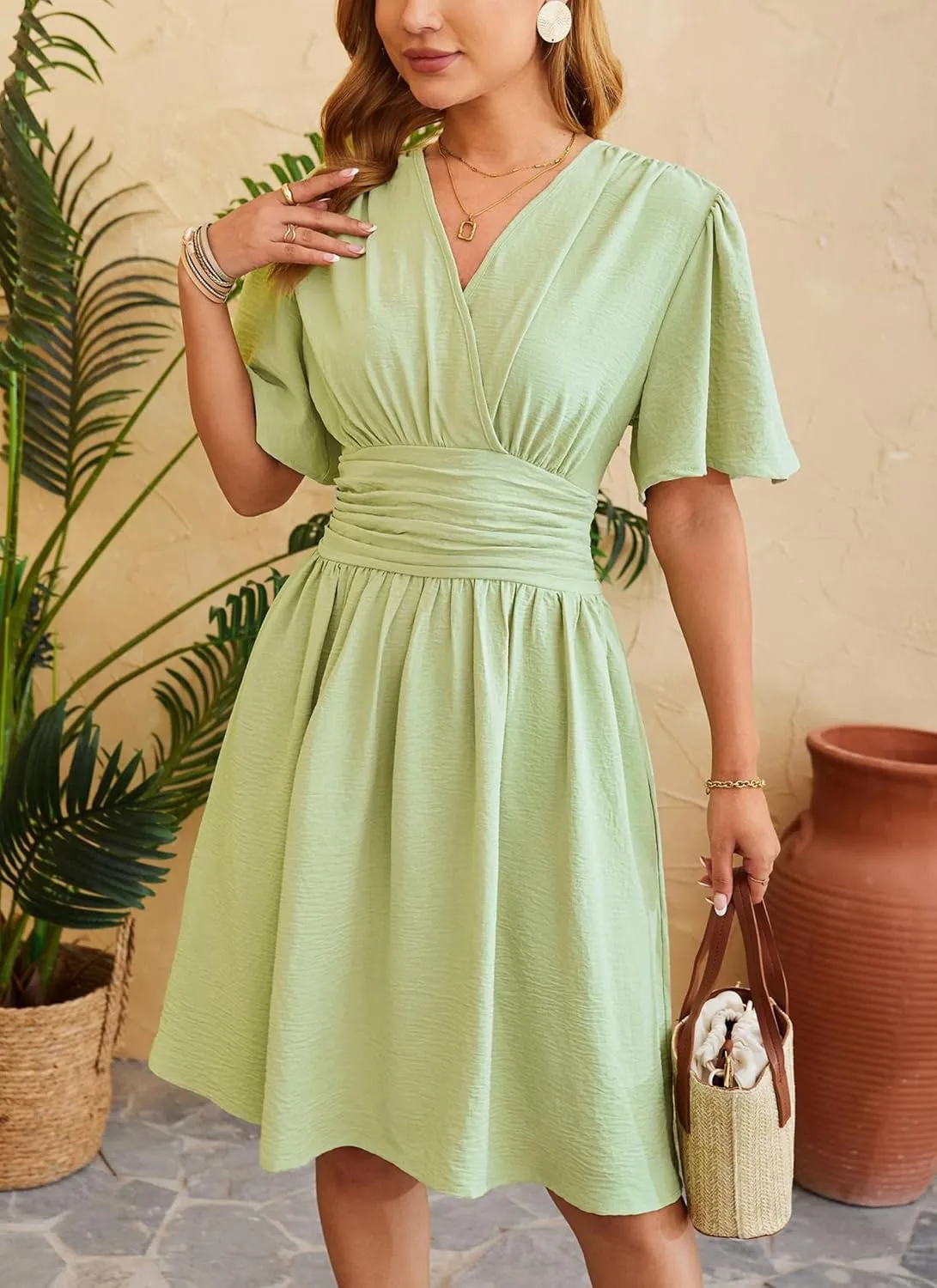 Women's Solid Short Sleeve V-Neck Ruched Waist Midi Dress Wrap Style Elegant Causal 2025 Summer Fashion Clothes
