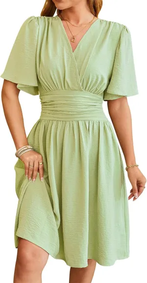 Women's Solid Short Sleeve V-Neck Ruched Waist Midi Dress Wrap Style Elegant Causal 2025 Summer Fashion Clothes