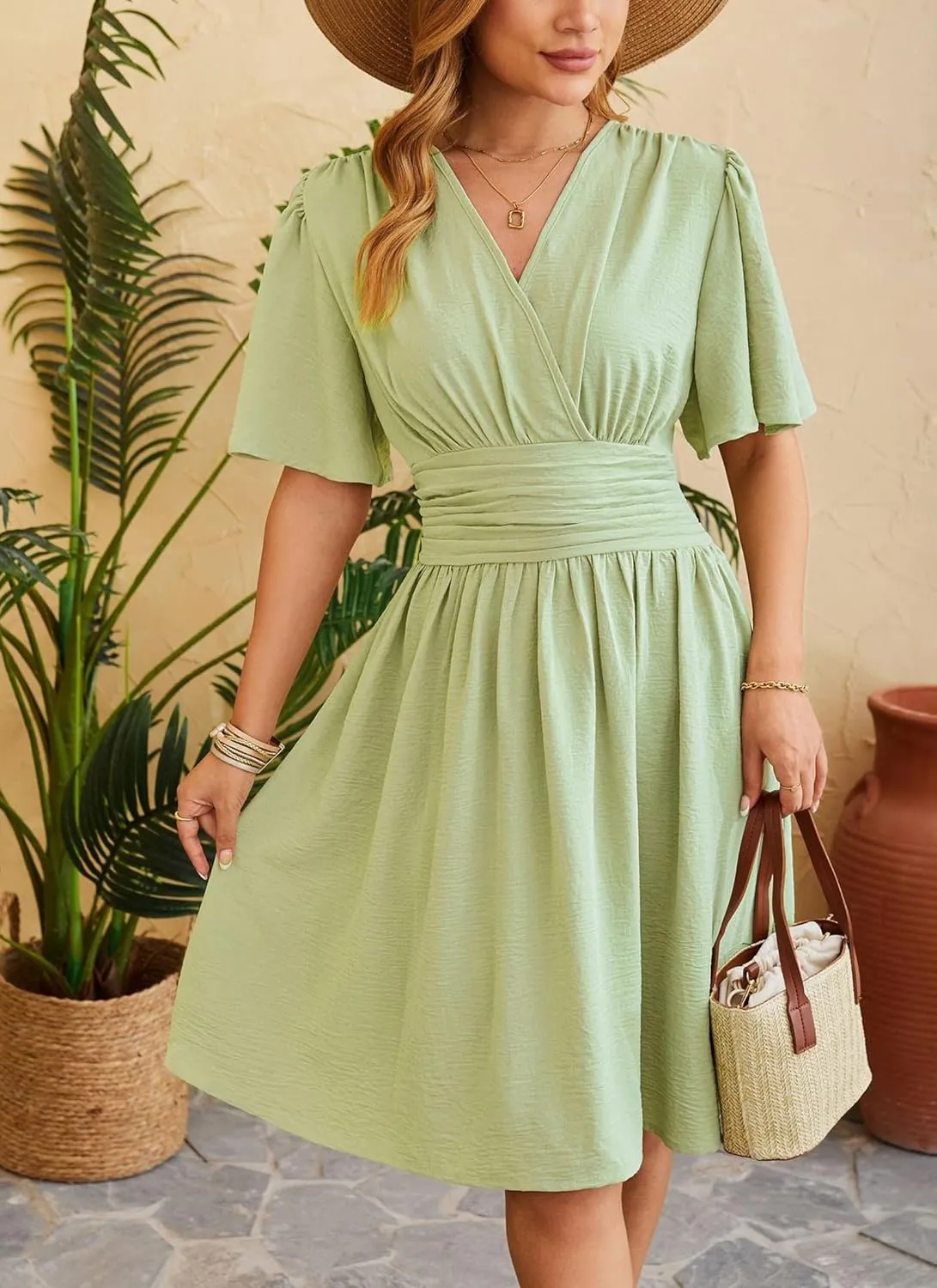 Women's Solid Short Sleeve V-Neck Ruched Waist Midi Dress Wrap Style Elegant Causal 2025 Summer Fashion Clothes
