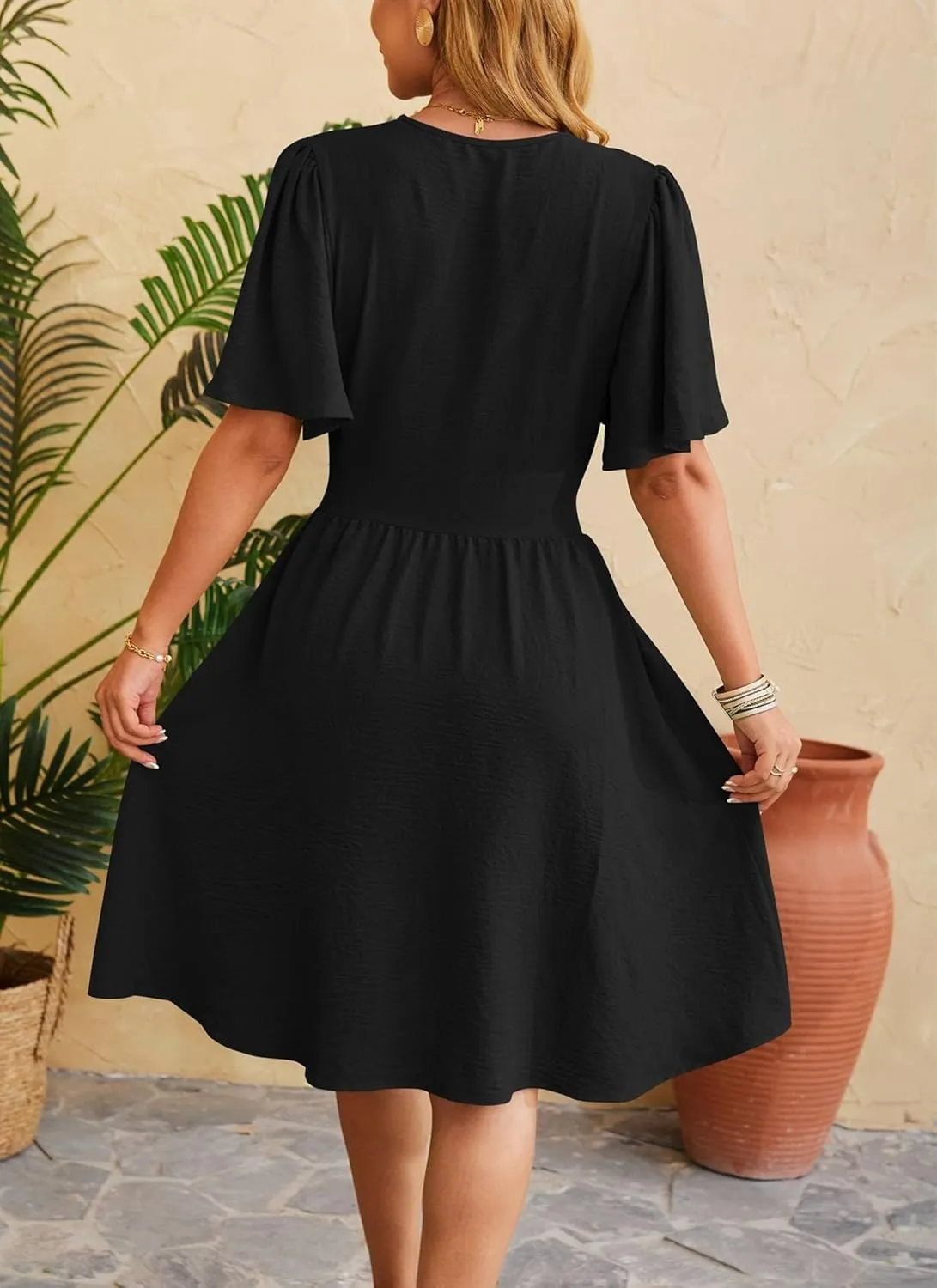 Women's Solid Short Sleeve V-Neck Ruched Waist Midi Dress Wrap Style Elegant Causal 2025 Summer Fashion Clothes