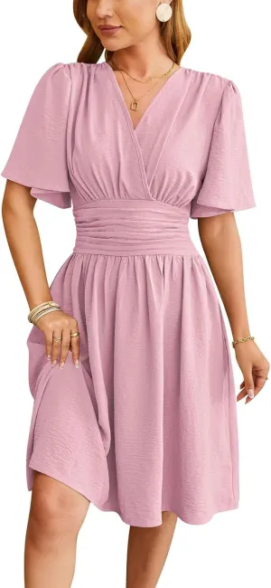 Women's Solid Short Sleeve V-Neck Ruched Waist Midi Dress Wrap Style Elegant Causal 2025 Summer Fashion Clothes