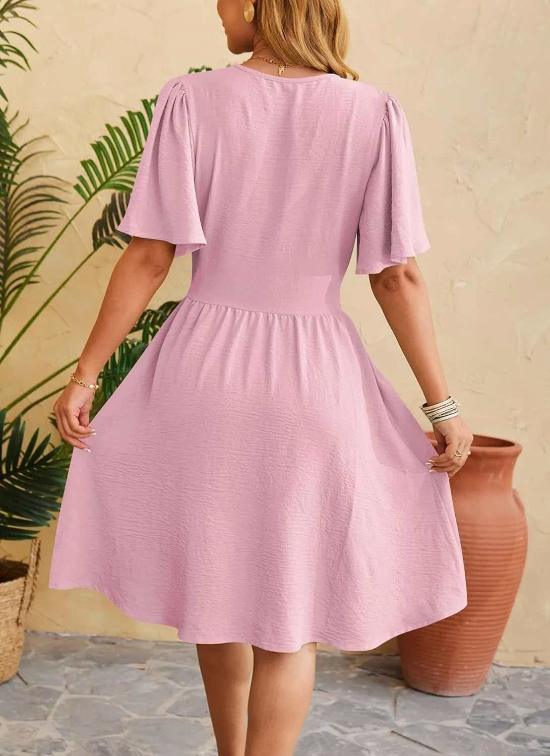 Women's Solid Short Sleeve V-Neck Ruched Waist Midi Dress Wrap Style Elegant Causal 2025 Summer Fashion Clothes