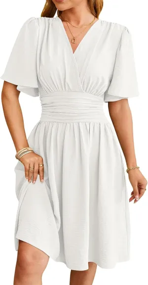 Women's Solid Short Sleeve V-Neck Ruched Waist Midi Dress Wrap Style Elegant Causal 2025 Summer Fashion Clothes