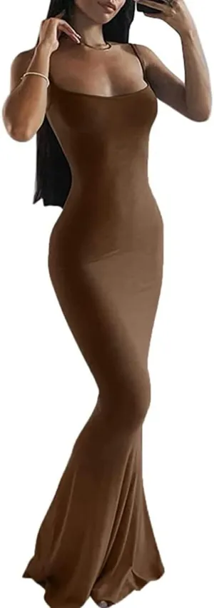 Womens Spaghetti Strap Bodycon Backless Maxi Dress