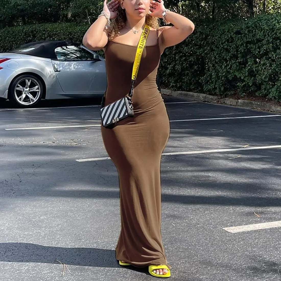 Womens Spaghetti Strap Bodycon Backless Maxi Dress