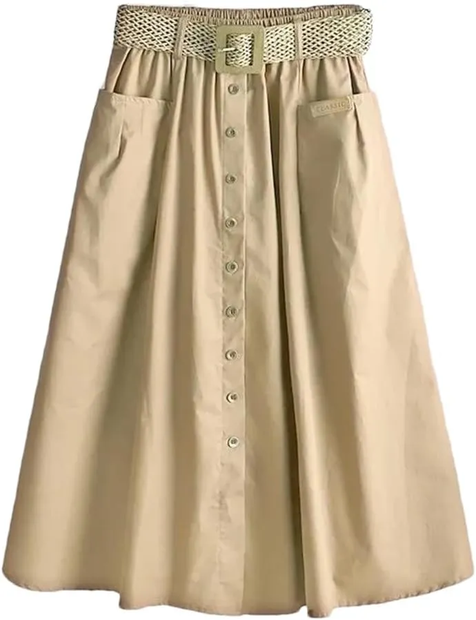 Women's Spring Autumn Skirt Solid Pockets Elasticity High Waist Belt A-Line Fashion Big Swing Skirts