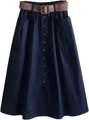 Women's Spring Autumn Skirt Solid Pockets Elasticity High Waist Belt A-Line Fashion Big Swing Skirts