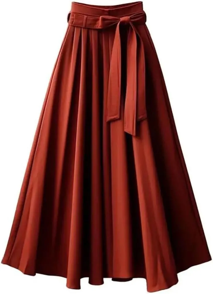 Women's Spring Fashion Solid Color Bow Fold Loose High Waist Elastic A-Line Mid Length Skirts