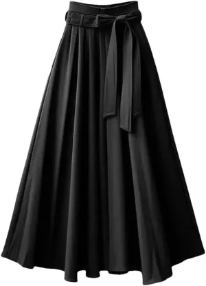 Women's Spring Fashion Solid Color Bow Fold Loose High Waist Elastic A-Line Mid Length Skirts