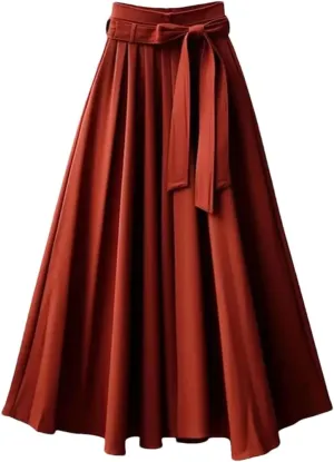 Women's Spring Fashion Solid Color Bow Fold Loose High Waist Elastic A-Line Mid Length Skirts