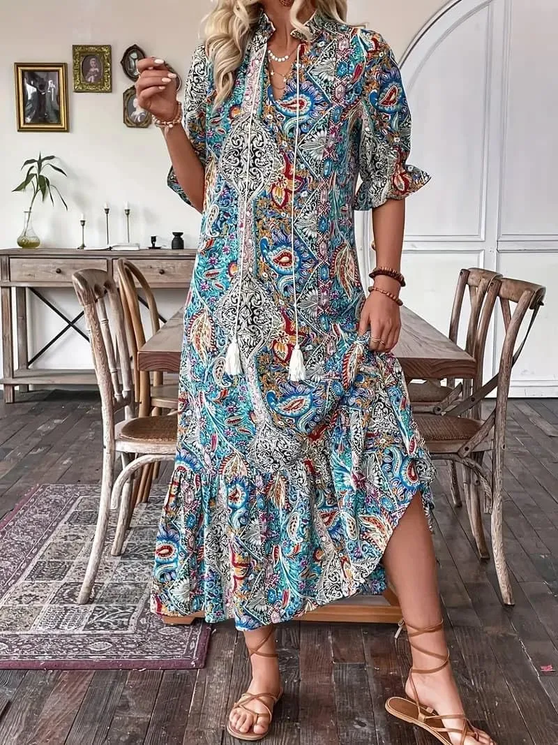 Women's Summer Maxi Dress Boho Loose Shift Tunic Smock Half Sleeve Floral Print Ruffle Beach Dresses Tassels