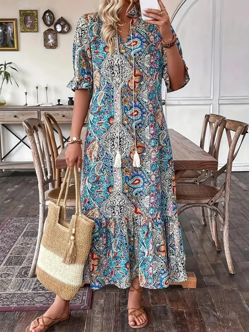 Women's Summer Maxi Dress Boho Loose Shift Tunic Smock Half Sleeve Floral Print Ruffle Beach Dresses Tassels