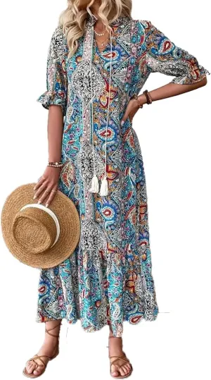 Women's Summer Maxi Dress Boho Loose Shift Tunic Smock Half Sleeve Floral Print Ruffle Beach Dresses Tassels