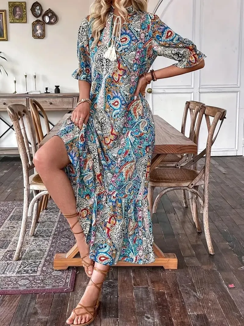 Women's Summer Maxi Dress Boho Loose Shift Tunic Smock Half Sleeve Floral Print Ruffle Beach Dresses Tassels