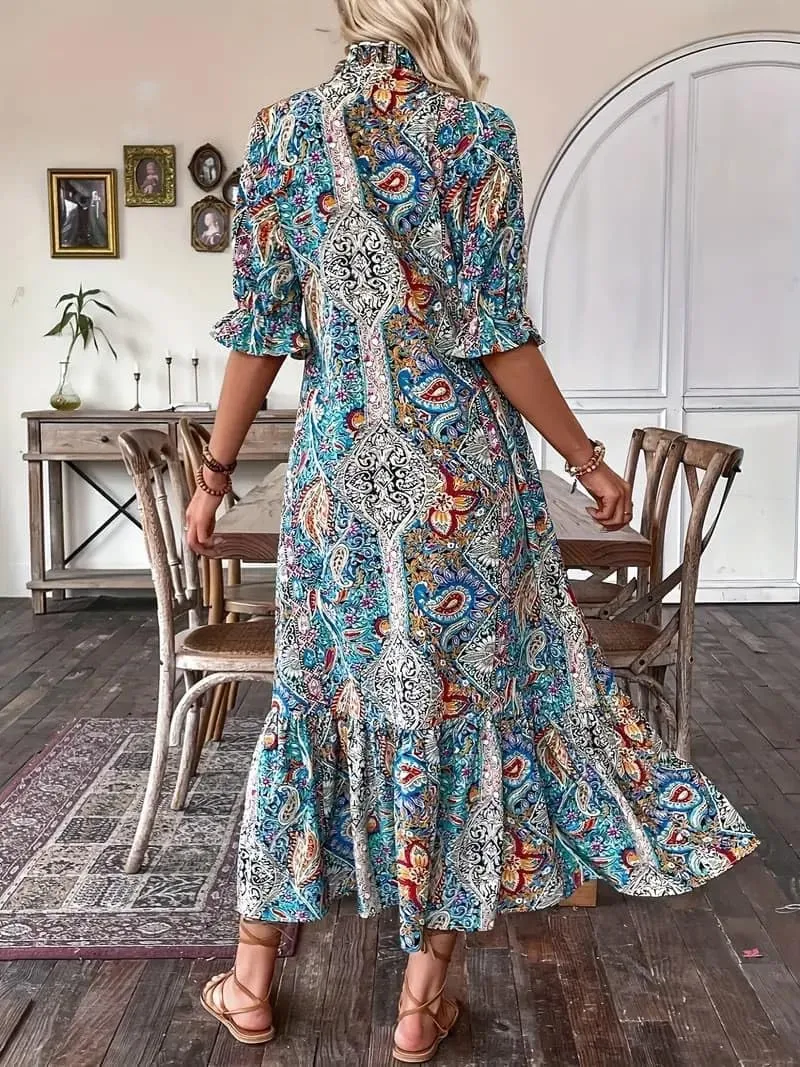Women's Summer Maxi Dress Boho Loose Shift Tunic Smock Half Sleeve Floral Print Ruffle Beach Dresses Tassels