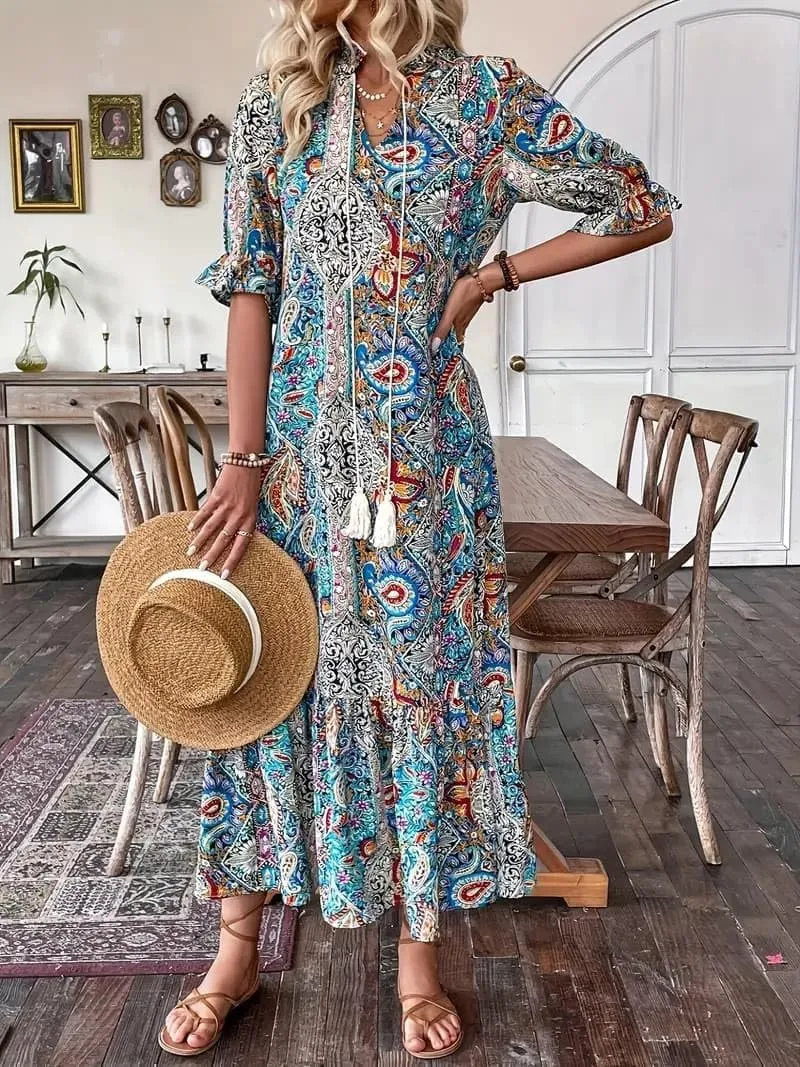 Women's Summer Maxi Dress Boho Loose Shift Tunic Smock Half Sleeve Floral Print Ruffle Beach Dresses Tassels