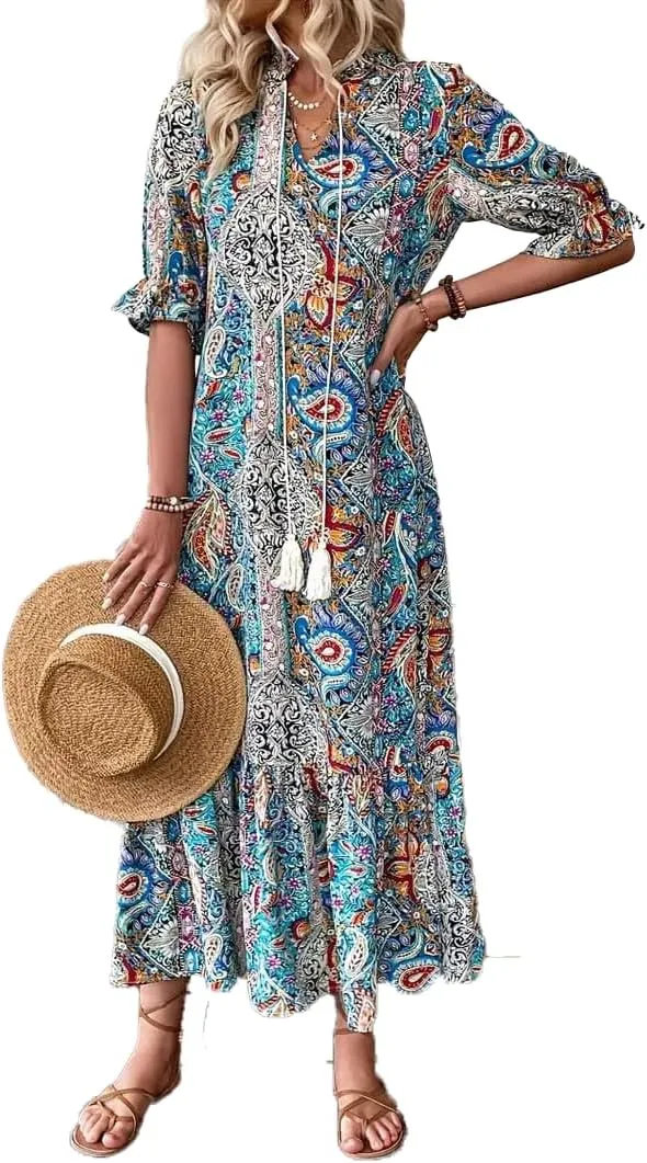 Women's Summer Maxi Dress Boho Loose Shift Tunic Smock Half Sleeve Floral Print Ruffle Beach Dresses Tassels