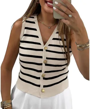 Womens Trendy Striped Knit Tank Tops Sleeveless Button Up Slim Fit V-Neck Vest Casual Summer Waistcoat Cardigan