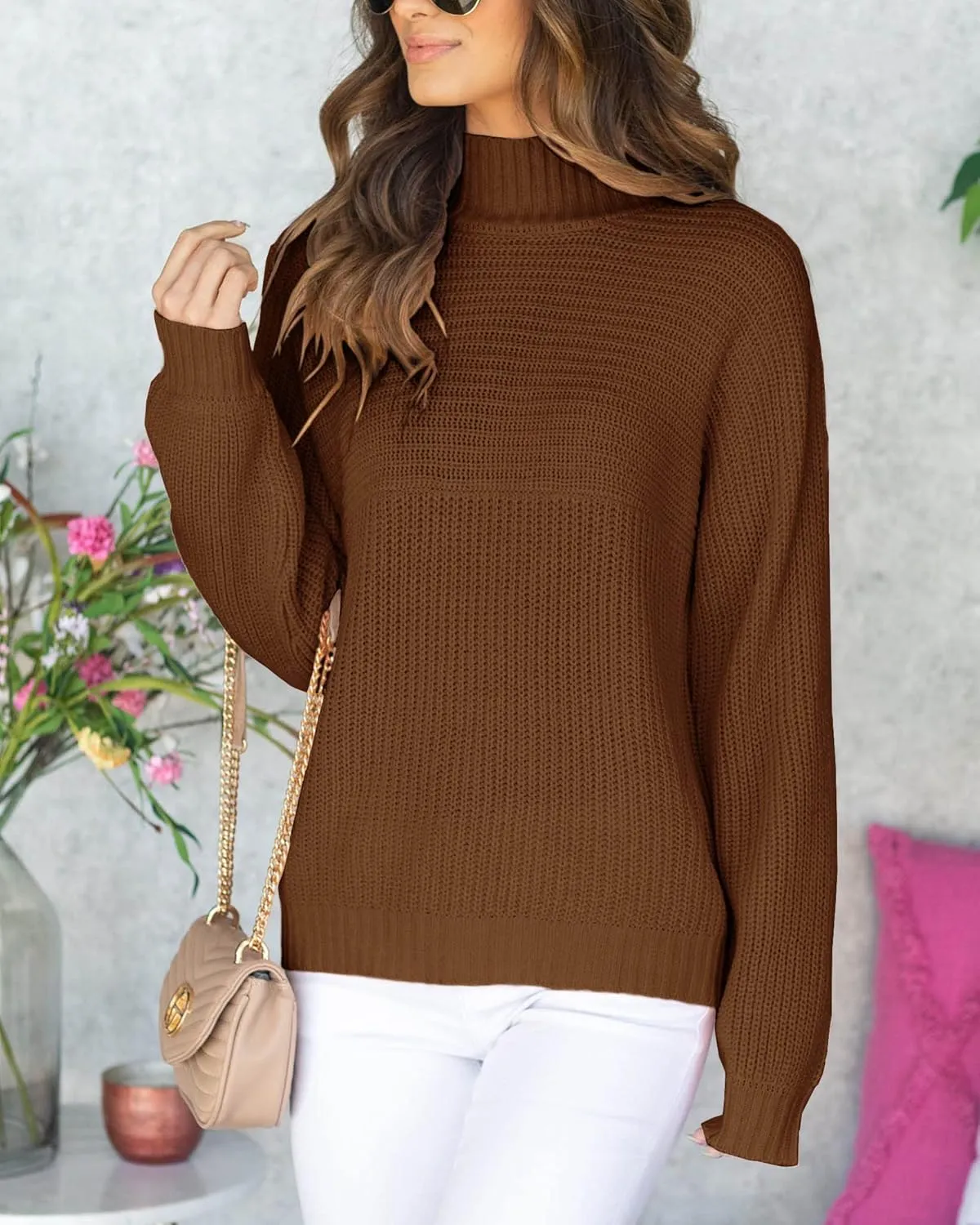Womens Turtleneck Long Sleeve Knit Pullover Sweaters Solid Fall Winter Casual Spilt Hem Sweater Tops