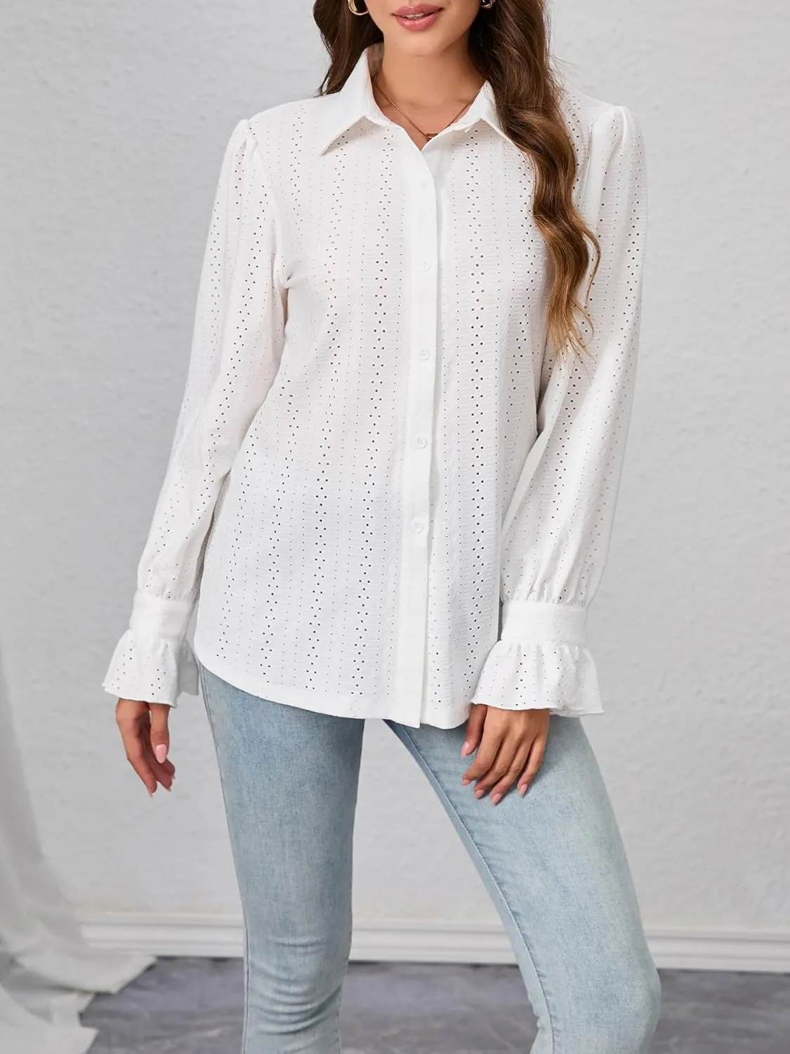 Women's V Neck Button Down Shirts Long Sleeve Collared Eyelet Blouses Office Work Blouses Tops