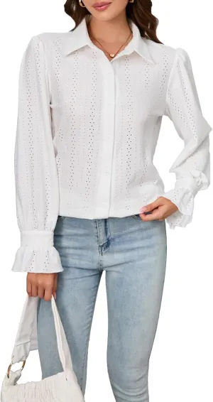 Women's V Neck Button Down Shirts Long Sleeve Collared Eyelet Blouses Office Work Blouses Tops