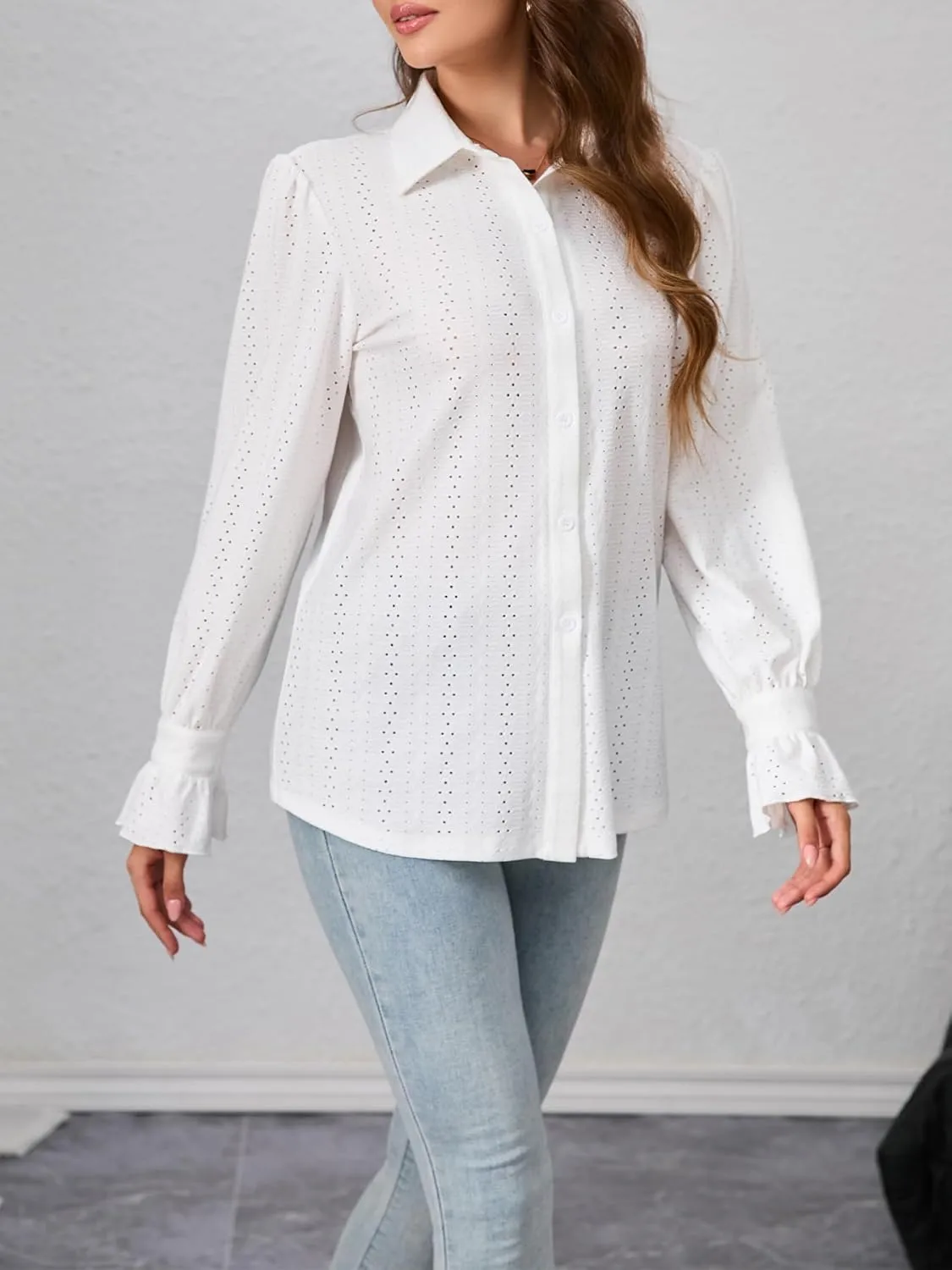 Women's V Neck Button Down Shirts Long Sleeve Collared Eyelet Blouses Office Work Blouses Tops