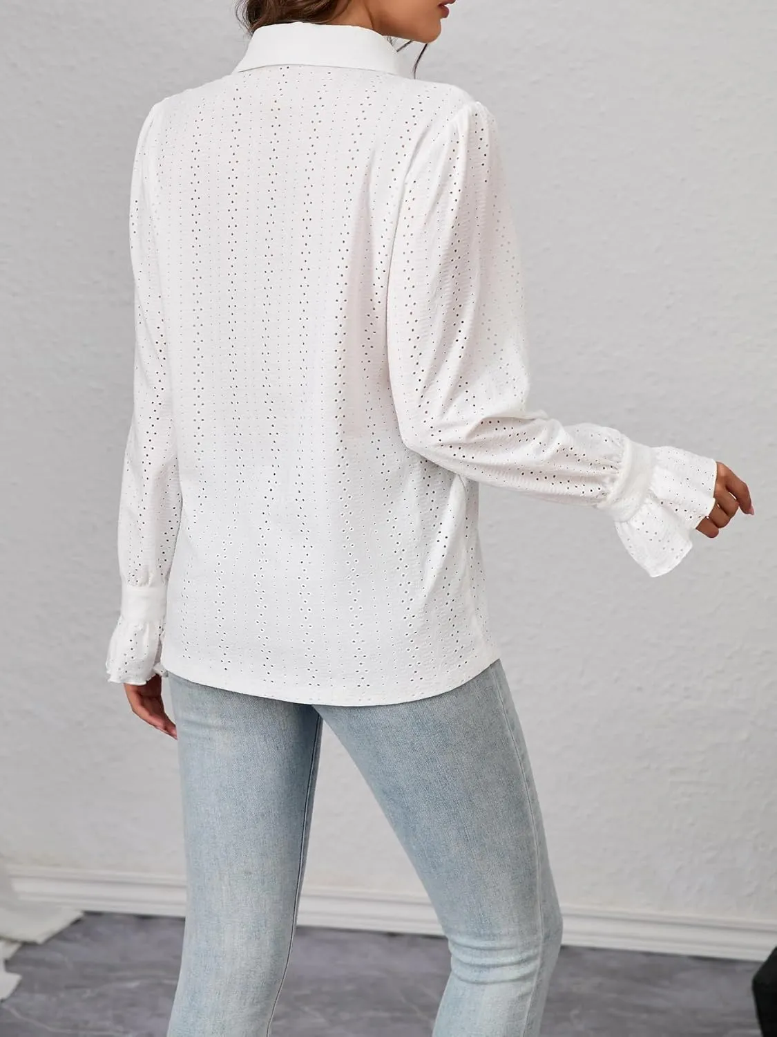 Women's V Neck Button Down Shirts Long Sleeve Collared Eyelet Blouses Office Work Blouses Tops