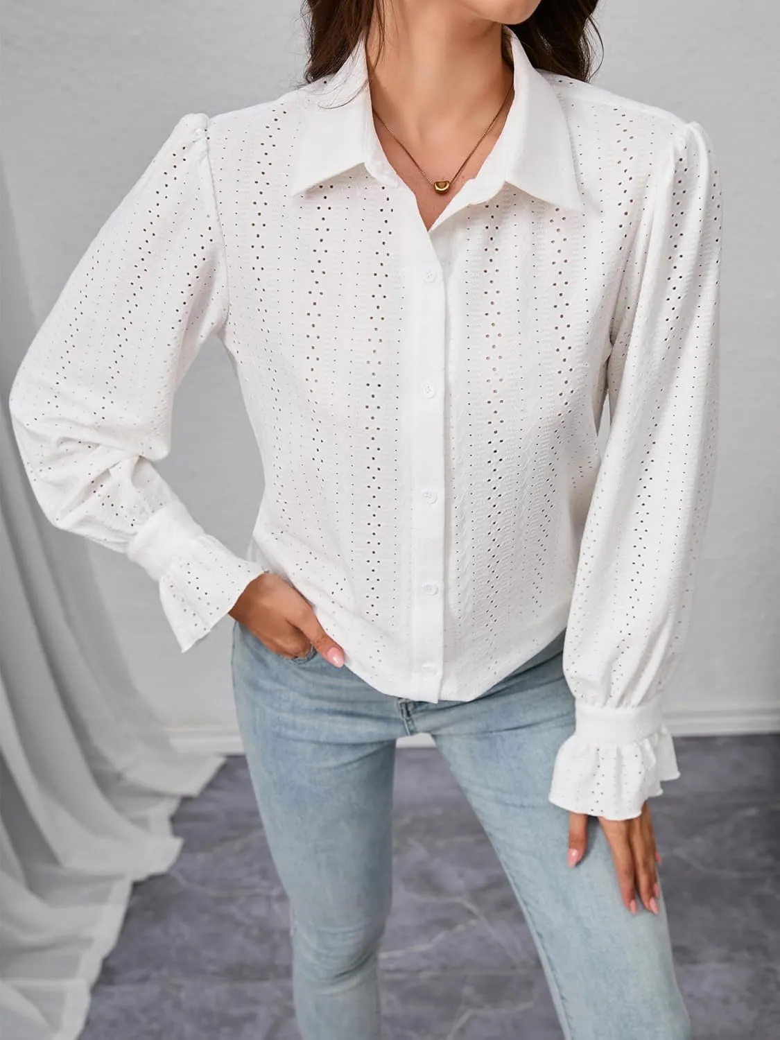 Women's V Neck Button Down Shirts Long Sleeve Collared Eyelet Blouses Office Work Blouses Tops