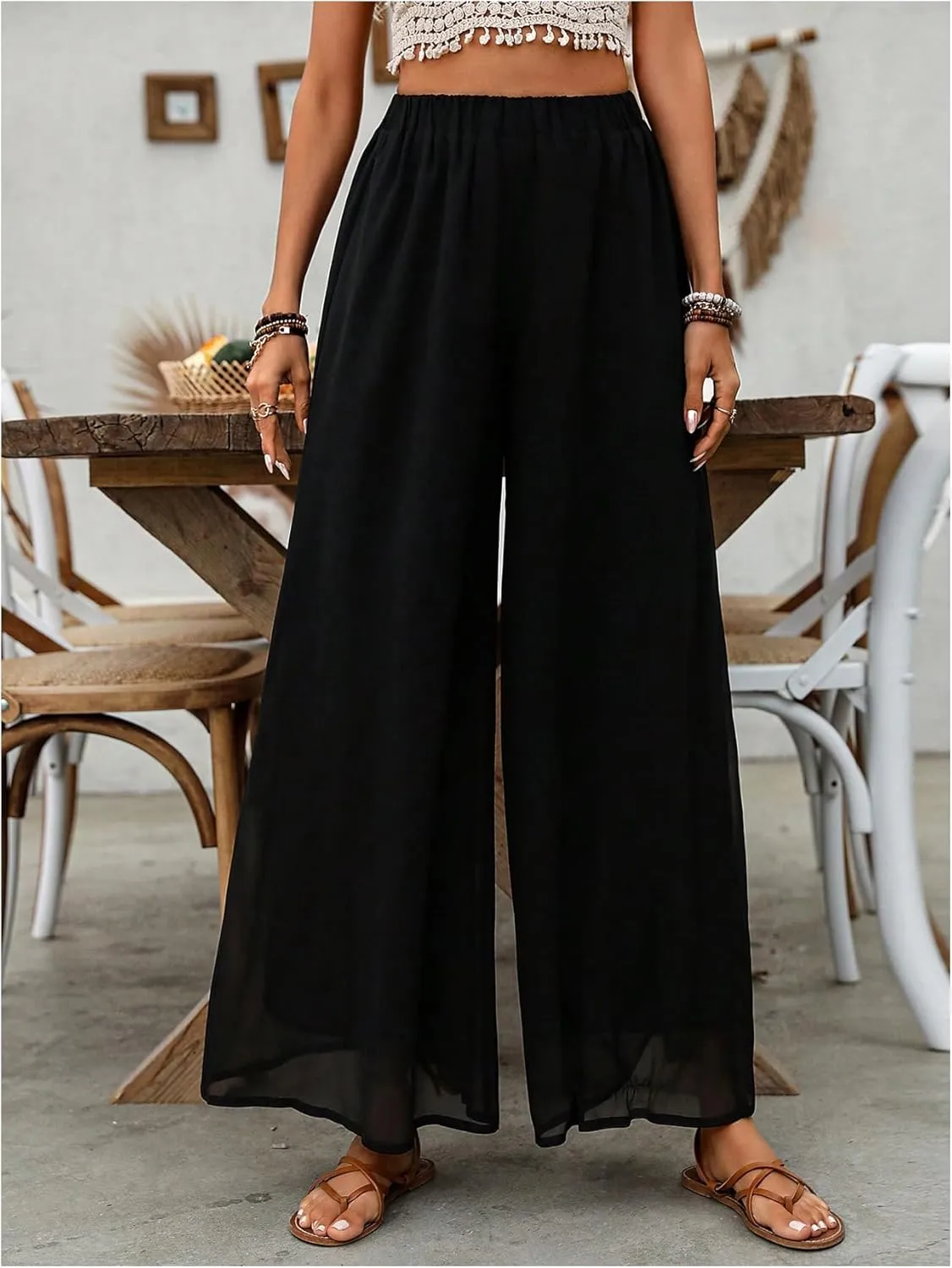 Women's Wide Leg Palazzo Pants Flowy Layered Elastic Waist Vacation Long Trousers